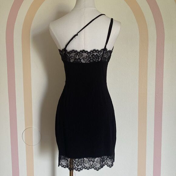Free People Black Premonitions Lace Trim Bodycon One Shoulder Slip Dress Size M - Picture 9 of 16